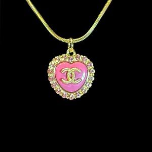 Upcycled Gold Tone Pink Heart Pendant Necklace with Crystal Halo